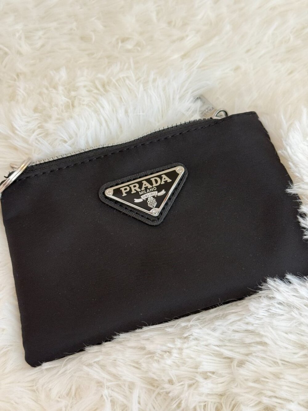 Prada Re-Nylon Zip Card Holder Key Pouch Black Silver Hardware